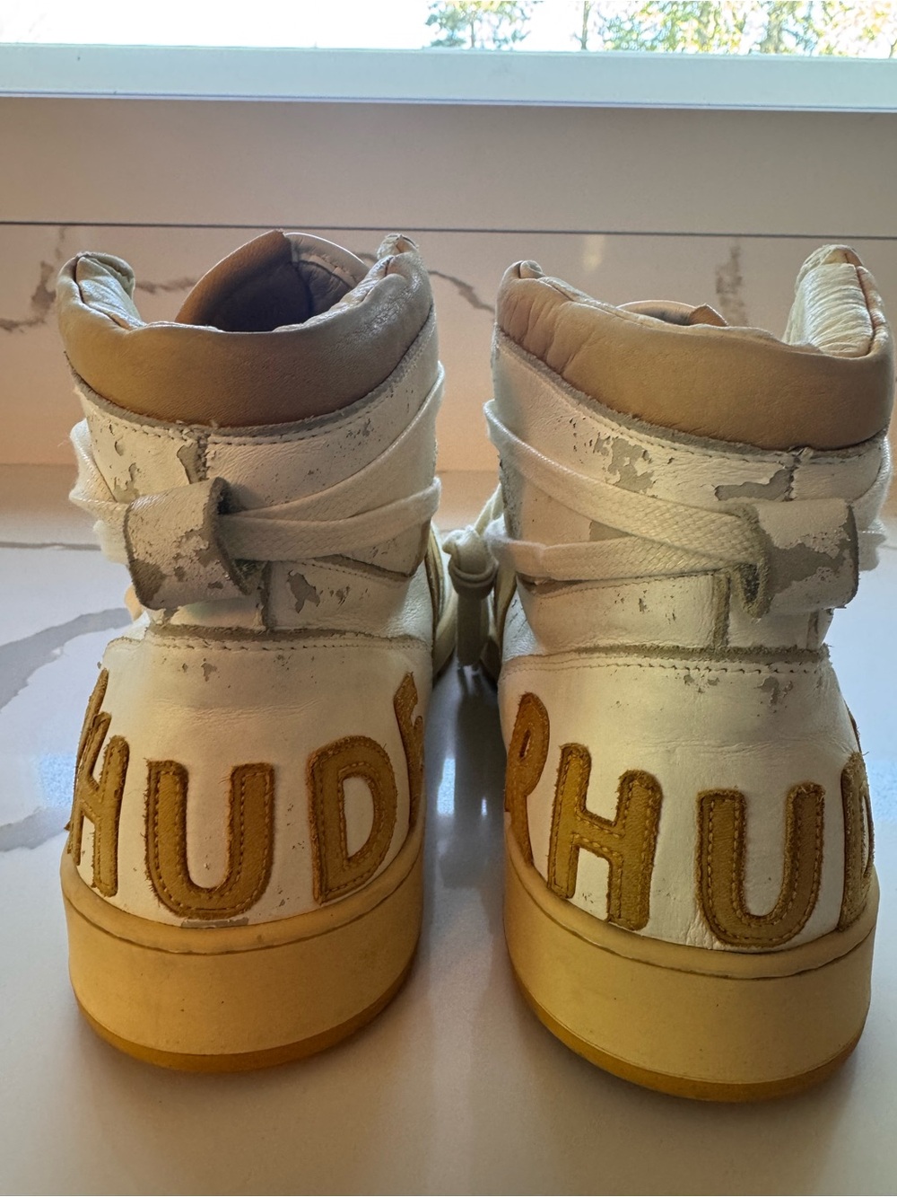 Rhude Rhecess Hi White/Yellow Leather Sneakers - Size 12 - Picture 5 of 16